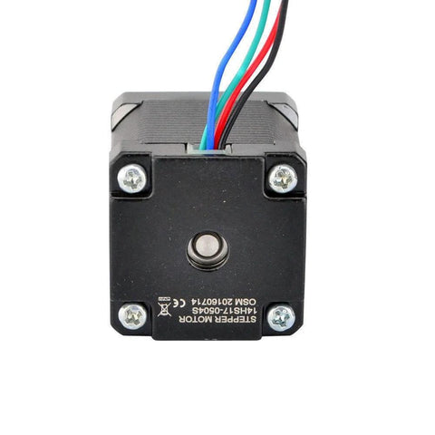 NEMA 14 bipolar stepper motor with four leads, front view showing mounting screws and multicolored wires