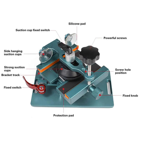 Universal Phone Screen Separator Clamp For Heating Free Back Cover Removal Rotatable LCD Separator Fixture With Strong Suction Cup And Bracket showing components labeled with powerful screws, silicone pad, and protective pad.
