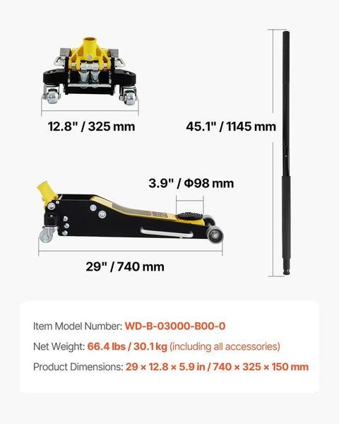Diagram of Low Profile 3 Ton Racing Floor Jack With Dual Pistons Aluminum Steel Quick Lift showing dimensions and parts