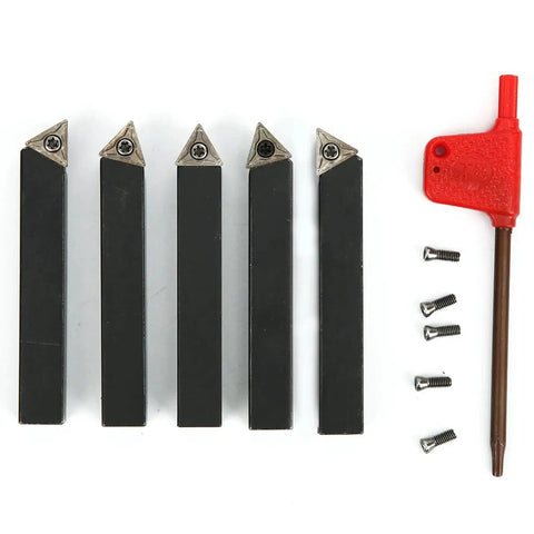 Pro Grade 5-Piece Three Eighths Inch Indexable Turning Tool Set With Cemented Carbide Inserts, tool holders, screws, and wrench.