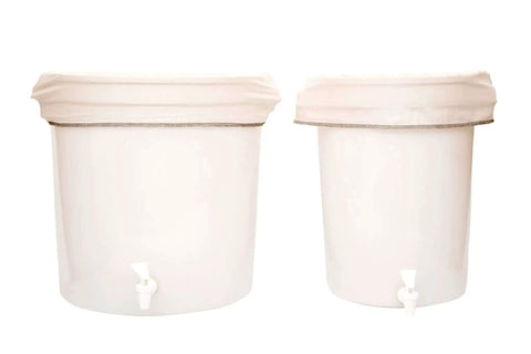 Industrial 10 Gallon Reusable Coffee Filter Set With Organic Cotton GOTS Certified Two Pack shown on large urns