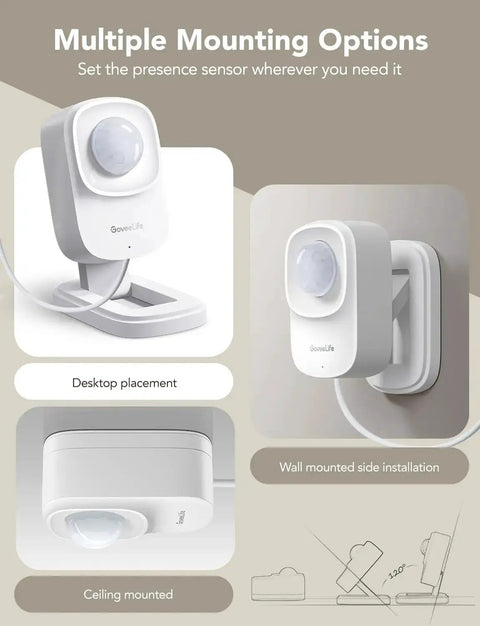 Human Presence Sensor with mmWave Radar and PIR for smart home, shown in desktop, wall, and ceiling mounting options, 2.4 GHz WiFi