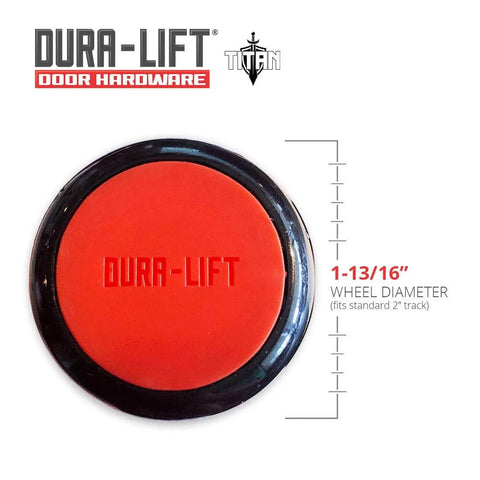 Quiet 2 In Sealed Nylon Garage Door Roller with 4 In corrosion-resistant stem 10 pack, close-up of orange nylon wheel with Dura-Lift logo