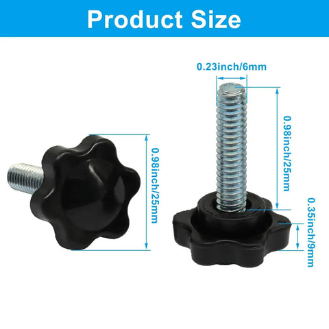 20 Piece Set 1/4-20 Inch Thread Knob Screws With Plastic Star Shaped Nuts for Jig Clamping, side view, measurements shown.