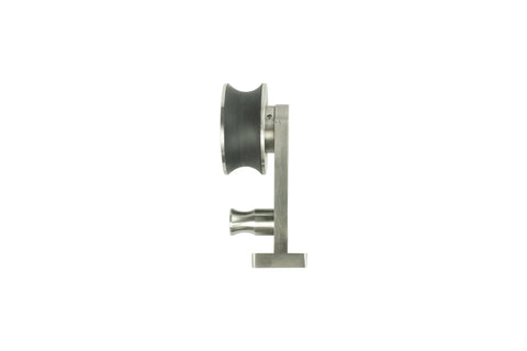 Side view of top-mounted roller from Ten Foot Stainless Steel Sliding Barn Door Hardware Kit With Double Track And Top Mounted Rollers