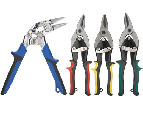 Heavy-Duty 4-Piece Tin Snips And Sheet Metal Bender Set showing 10-Inch Left Right Straight Aviation Snips and 3-Inch Offset Hand Seamer