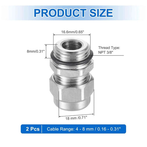 Three Eighths Inch NPT Cable Glands IP68 Waterproof Strain Relief Cord Grip Connector stainless steel product size details