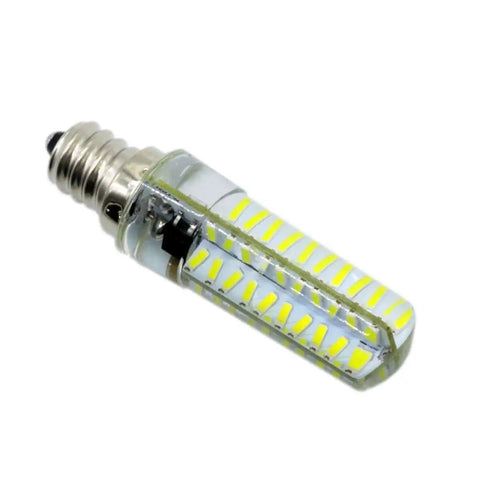 A clear LED bulb with visible yellow diodes, featuring a metal screw base, shown at an angle for optimal lighting applications.