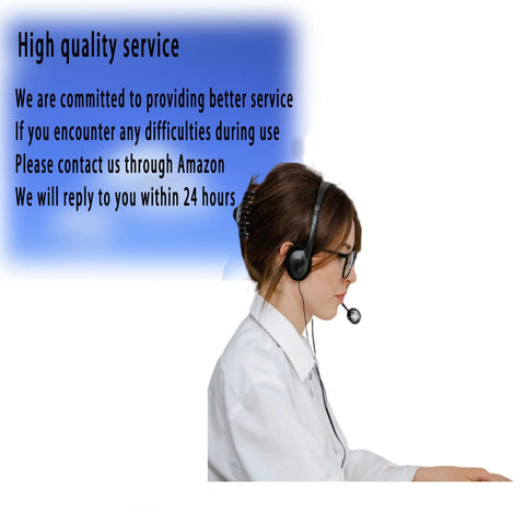 Customer service representative with headset and microphone, side view, white shirt, blue service banner in background.