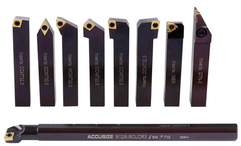 Three Quarters Inch Shank Nine Piece Indexable Turning And Boring Tool Set For Carbon Steel Alloy Steel And Cast Iron With TiN Coated C6 Carbide Inserts Accusize Industrial Tools 2988-0034, showing all tool pieces.