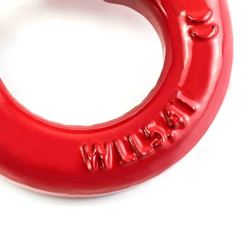 Close-up of red G80 Alloy Steel Hammerlock Coupling Link showing WLL marking, detailed view of 5/16 inch safety chain connector.