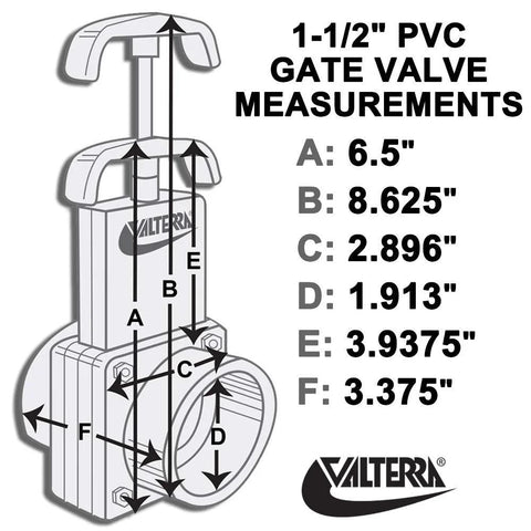 Valterra PVC gate valve, 1-1/2 in slip, white; diagram with dimensions A-F.