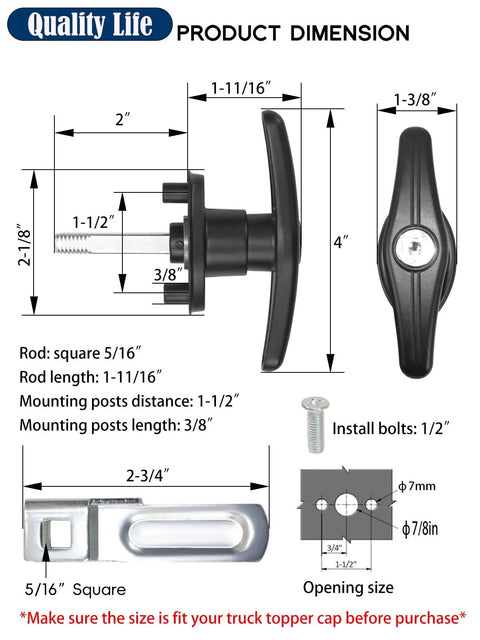 T-Handle Lock Kit for Truck Cap Camper Shell With Keys - Left And Right Lock Set dimensions image with measurements and details.