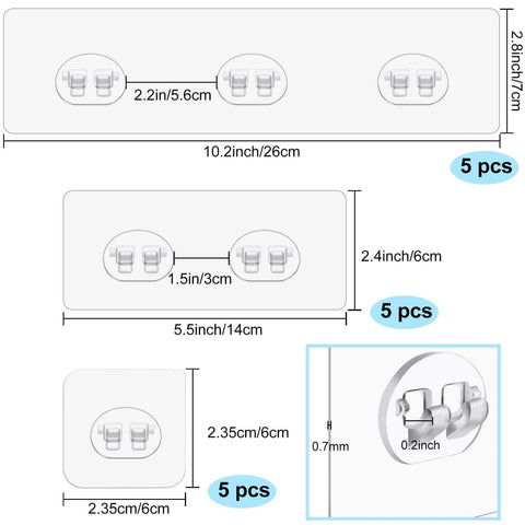 Wall mount dimensions for adhesive hooks with various sizes in inches and centimeters, showing four sets of dimensions with quantities.