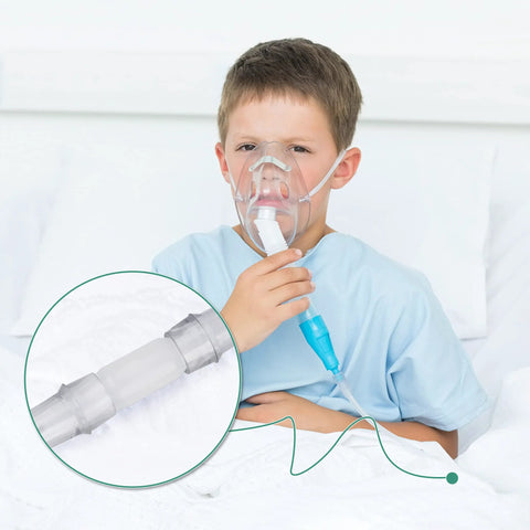 Oxygen tubing swivel connector, white; 360° rotation; child wearing oxygen mask; inset shows close-up, 10-pack.