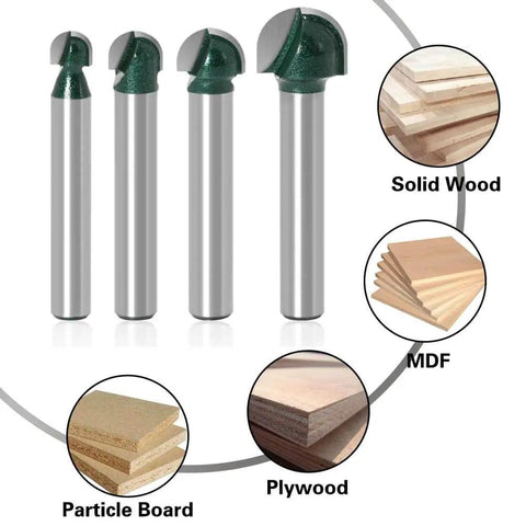 Four Piece 1/4 Inch Shank Round Nose Core Box Router Bits Set For CNC Sign Making And Woodworking, includes four round groove bits