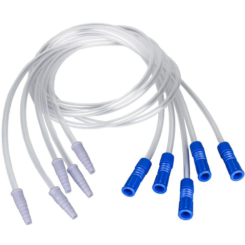 VWJ 5-piece urinary drainage bag extension tubing set, 36-inch long, clear tubing with blue and lavender connectors.