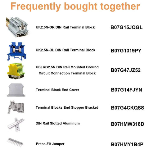 Frequently bought together products including terminal blocks, end covers, slotted DIN rail, and press-fit jumper with item codes.