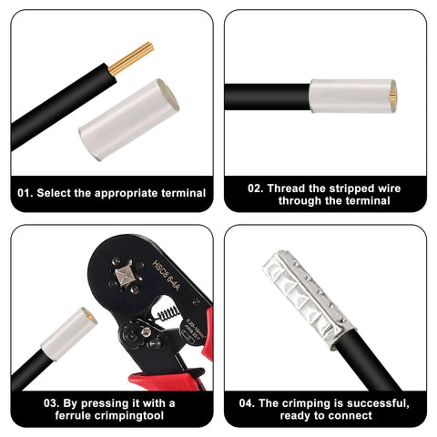 Step-by-step use of Ultimate Wire Ferrule Kit For Home, Auto, And Electronics, Silver Plated Copper Crimp Terminals