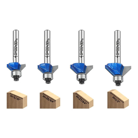 45 Degree Chamfer Router Bit Set for Smooth Angled Edges, 4 Piece, 1/4 Inch Shank, Durable Carbide Bits with wood samples