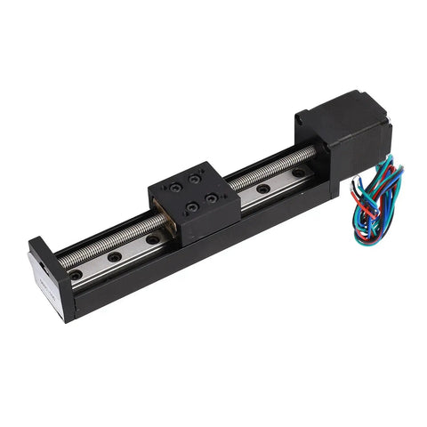 Ultra Smooth Mini Linear Slide Stage Actuator with Nema 11 Stepper Motor 100mm Travel 6mm Rail Diameter T6x1 Lead Screw, side view