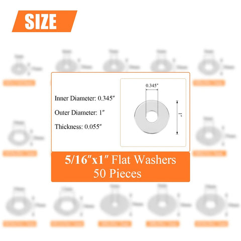 Flat washers 5/16 in x 1 in, 0.055 in thick, 304 stainless, 50 pcs, by Amazon