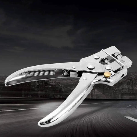 Close-up of DIY Eyelet Setting Tool Pliers Kit on reflective surface, featuring heavy-duty chrome steel with ergonomic grip.