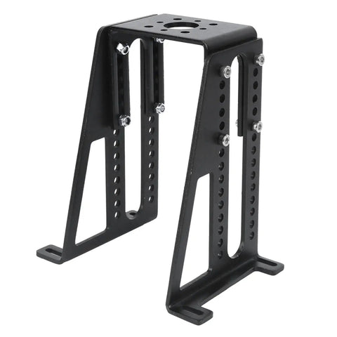 Black lightweight Aluminum Motor Mounting Stand for RC Airplanes with adjustable height and removable support, side view.
