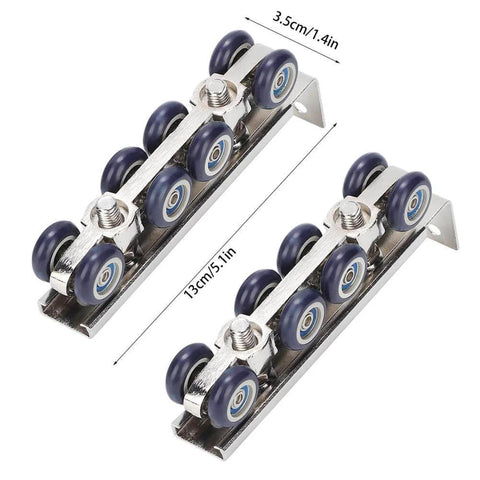 Beefy Eight Wheel Door Track Pulley System Heavy Duty Sliding Door Hardware With Zinc Alloy And Cold Rolled Steel Easy Install Rugged Hanging Wheel Kit For Home Office And Commercial Use Measures 13 X 3.5 X 2.2 Cm, showing two pulleys.