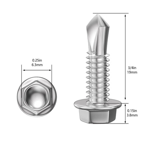 Wensilon hex washer head self-drilling screw #8×3/4 in, 410 stainless steel for sheet metal (front and side views)