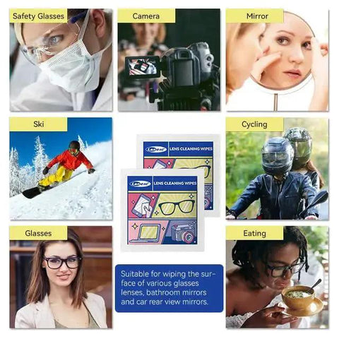 Collage of various uses for Lens Wipes For Glasses And Sunglasses 300 Count Individually Wrapped, including safety glasses and cameras.