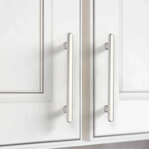 10 Pack Brushed Satin Nickel Cabinet Pulls Bar Style 5 Inch 128mm Hole Centers installed on white kitchen cabinets