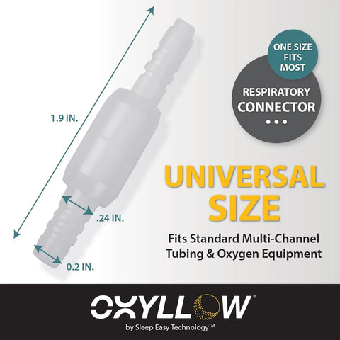 Oxyllow universal size swivel respiratory connector, transparent plastic with barbed ends, 360° rotation.