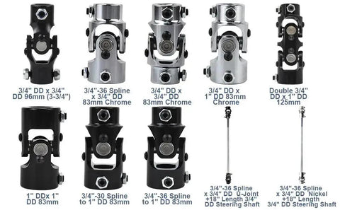 Various universal U-joints and 36 Inch Three Quarters DD Steering Shaft For Universal U Joints, chrome and black finish.