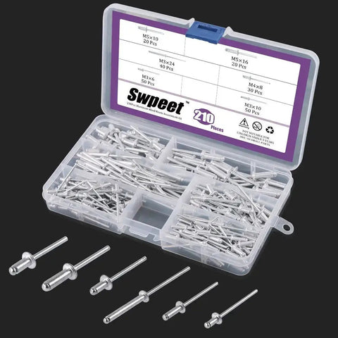 Box of aluminum blind rivets with various sizes for 211Pcs Black Alloy Steel Electric Rivet Gun Adapter Kit With 2.4mm 3.2mm 4.0mm 4.8mm Rivet Heads Includes Handle Wrench And 500Pcs Aluminum Blind Rivet Kit For Quick Strong Fastening.