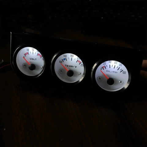 Three In One Auto Gauge Meter Kit 52mm for 12V cars, trucks, tractors, marine engines with volt, temp, oil gauges in black console