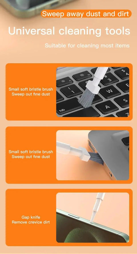 Electronics cleaning tools from 32-In-1 Compact Electronics Cleaning Kit used on keyboard and laptop ports.
