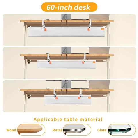 Under Desk Cable Management Tray With Clamp No Drill 36 Inch Cord Organizer in fabric on wood, metal, and glass desks