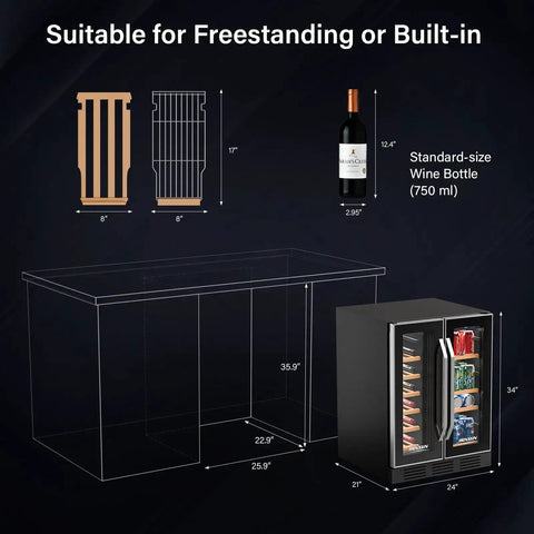 34 Bottle Dual Zone Wine And Beverage Fridge With Independent Temperature Control And LED Panel Built In Or Freestanding Under Counter Chiller dimensions.