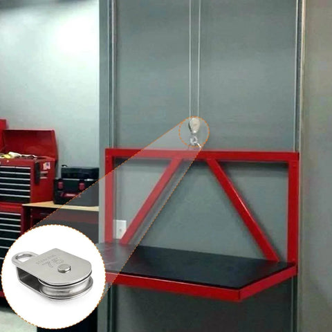 M75 Lifting Single Swivel Pulley Block installed on a hoist for industrial lifting, stainless steel, 1322 lb load capacity, 75mm sheave