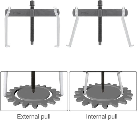 12 Inch Two Jaw Gear Puller With Adjustable Clamping Depth And Reversible Pulling Action shown for external and internal gear removal.