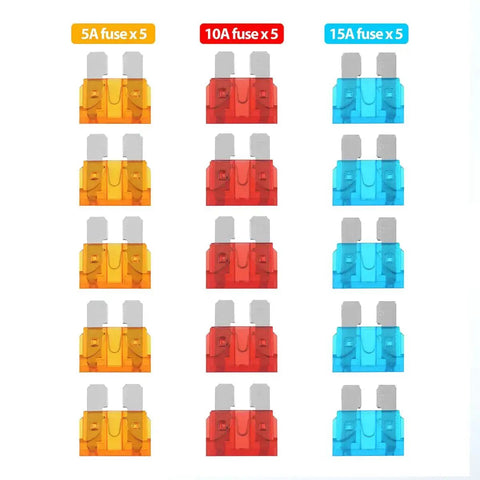 Set of assorted 5A, 10A, and 15A fuses used with 12V Blade Fuse Tap Adapter For Car Cigarette Lighter Socket