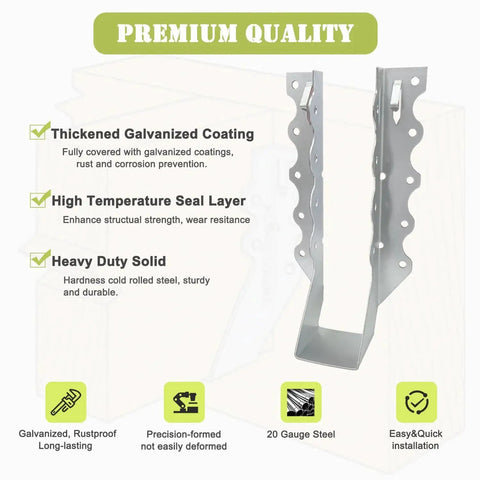 Diagram showing features of 20 Pack 2 By 8 Inch Joist Hanger 18 Gauge Double Shear Face Mount with galvanized coating and durability highlights