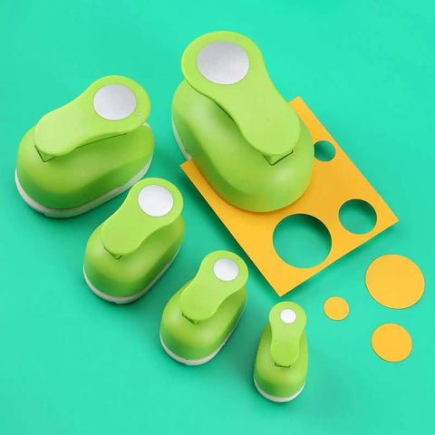 Set of green circle punches with lever handle for clean even circles, perfect for various crafts projects and paper sizes.