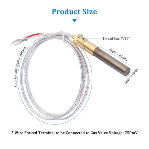 Gas fryer thermopile thermocouple with braided stainless sleeve, brass 7/16 inch thread, 2-wire forked terminal, 900mm