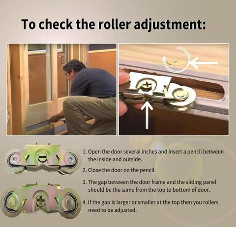 Instructions for adjusting Two-Piece Side-Adjustable Heavy-Duty Sliding Patio Door Tandem Roller Assembly with images