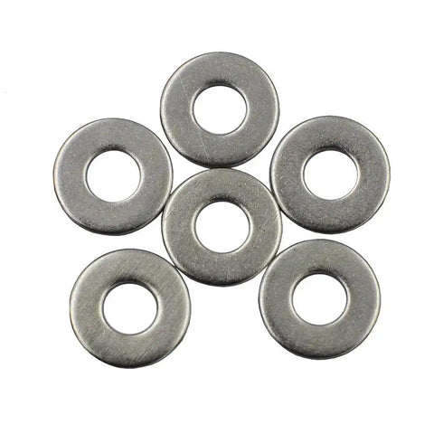 Two Hundred Pcs SAE Flat Washers In 304 Stainless Steel For Fasteners Outer Diameter Seven Sixteenth Inch Inner Diameter 0.193 Inches Thick 0.044 Inches Heavy Duty Beefy Pro Grade Rust Resistant Assortment Kit displayed in circular formation.