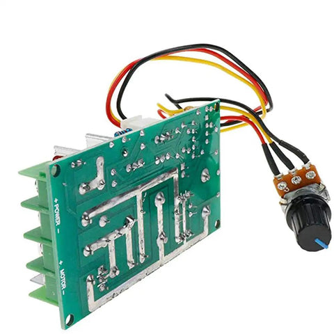Close-up of the DC Motor Controller Beast For 12V 24V 36V 48V, showing circuit board and adjustable speed PWM knob with wires attached.