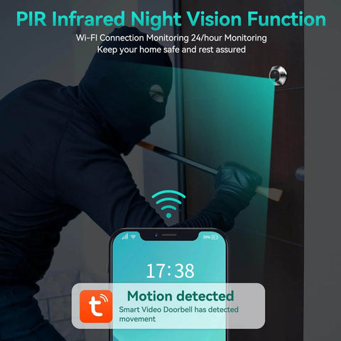 Smart Video Doorbell With 4.3 Inch Color Monitor And 1080p HD Wireless Camera displaying motion detection alert with night vision.