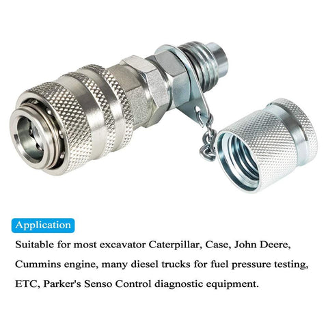 Hydraulic pressure test coupling kit, side view; knurled silver metal connector with cap.